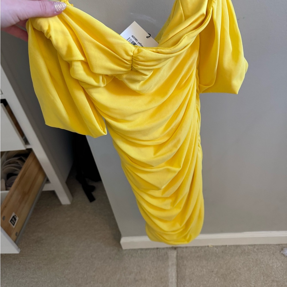 Yellow Ruched Off-Shoulder Dress